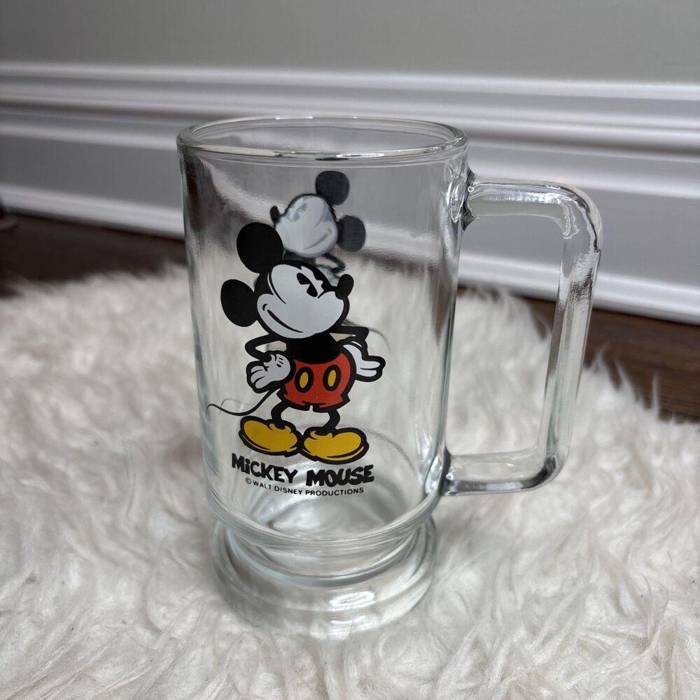 Vintage Walt Disney Productions Mickey Mouse Glass Mug Coffee Cup Retro Disney